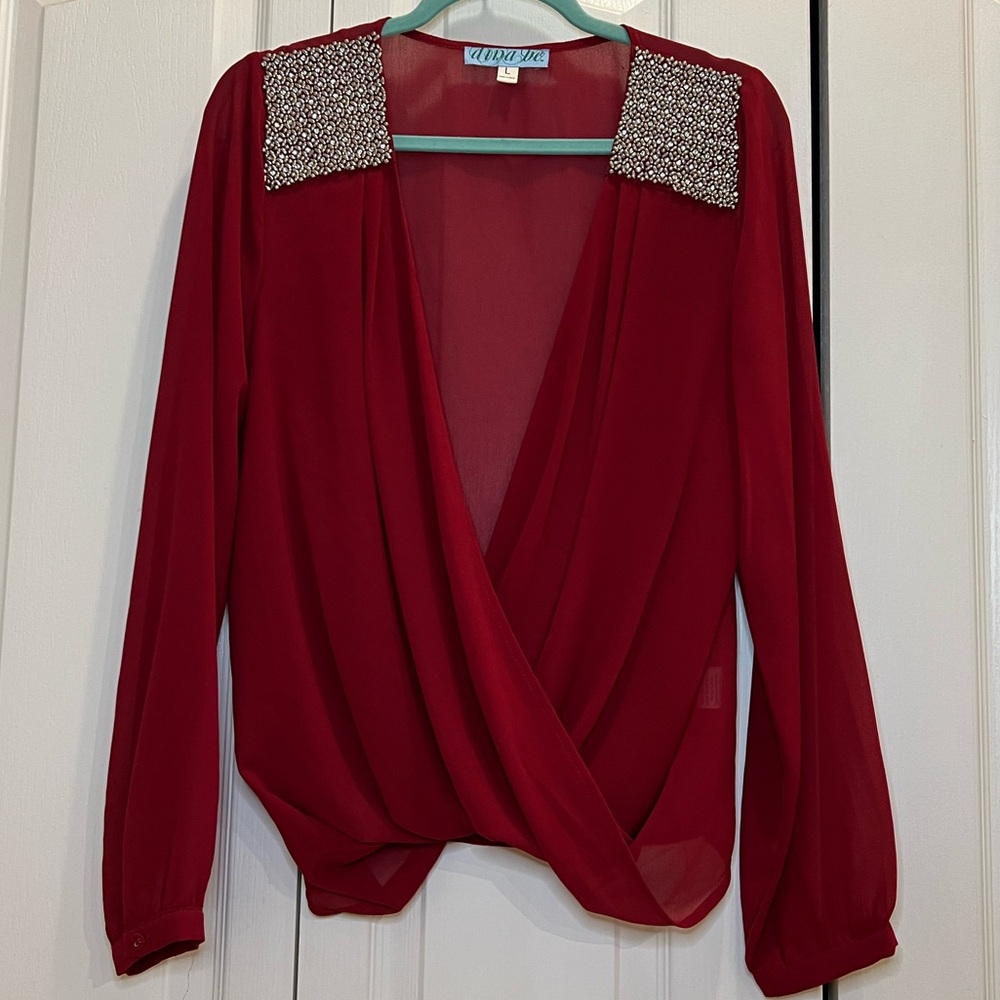 Express Red Blouse with Embellished Shoulders - L
